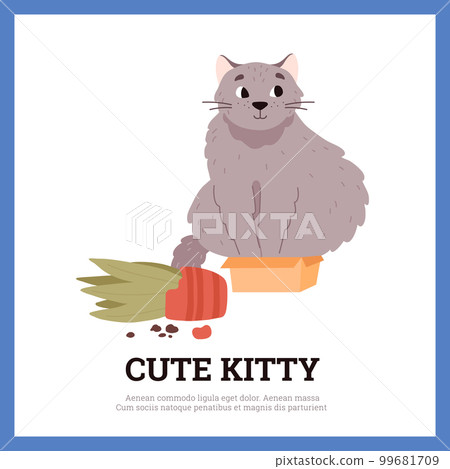 Naughty cat broke flower pot and sits in cardboard box, poster template, cartoon flat vector illustration. 99681709