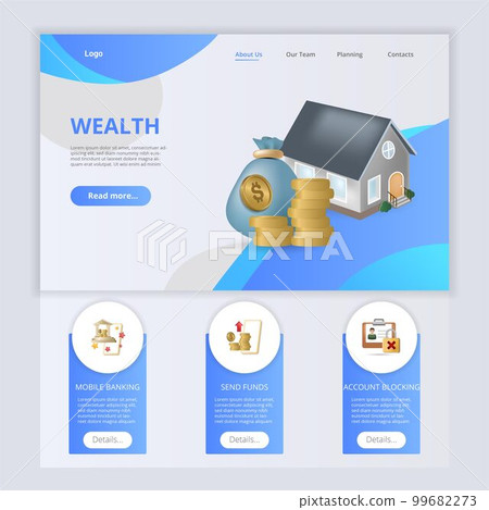 Wealth flat landing page website template. Mobile banking, save funds, account blocking. Web banner with header, content and footer. Vector illustration. Wealth flat landing page website template. Mobile banking, save funds, account blocking. Web banner with header, content and footer. Vector illustration. 99682273