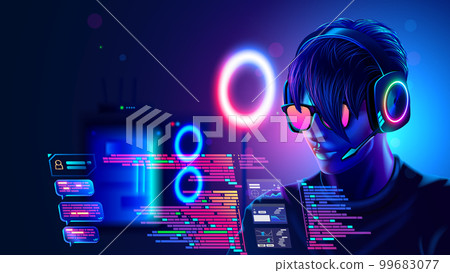 Programmer or coder programming on computer text of code of program. Portrait man working over laptop in dark room with neon lights. Guy with headset, glasses look at code on screen computer. Hacker. 99683077