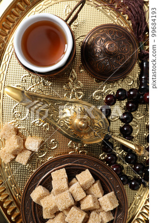 Concept of Muslim holy month Ramadan Kareem, top view Concept of Muslim holy month Ramadan Kareem, top view 99684193