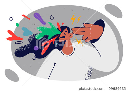Unhappy woman puts fingers to temple making gesture of gun with spreading multi-colored splashes 99684683