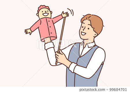 Man puppeteer is preparing to go on stage to show children theater with hand-operated puppets 99684701