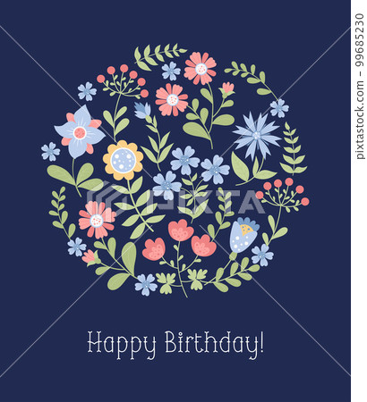 Happy birthday greeting card. Ball of decorative flowers with leaves on blue background. Vector illustration in flat style. 99685230