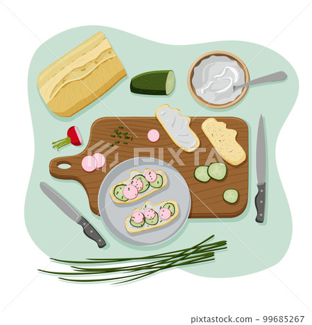 Healthy vegan sandwich with cucumber and radish 99685267