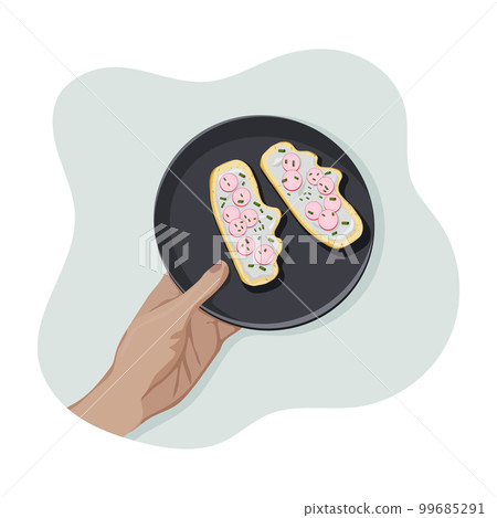 Hand keeps plate with healthy sandwish with radish Hand keeps plate with healthy sandwish with radish 99685291