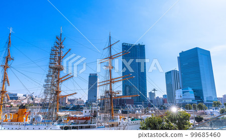 Yokohama cityscape in Japan The transformed Sakuragicho station square. View of Yokohama City Hall, skyscrapers, Nippon Maru, etc. 99685460