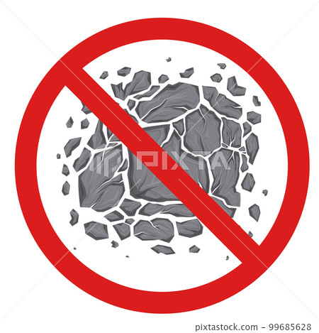Vector illustration of broken stones in forbidden sign. Earthquake free zone. Cartoon clipart smashed rocks with cracks in prohibited badge. Vector illustration of broken stones in forbidden sign. Earthquake free zone. Cartoon clipart smashed rocks with cracks in prohibited badge. 99685628