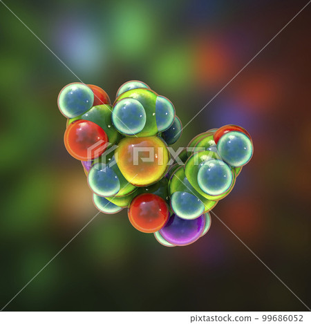 Molecular model of amoxicillin, an antibiotic used to treat a number of bacterial infections, including pneumonia, dental abscesses and urinary tract infections, 3D illustration 99686052