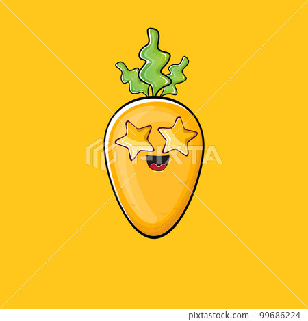 Carrot character. Cartoon orange carrot isolated on orange background. Funky vegetable character with eyes and mouth. Vector white teabag clip art, emoji, label and sticker 99686224