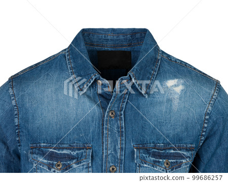 Blue denim shirt photographed on ghost mannequin with white background. Front view, close-up 99686257