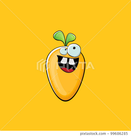 Carrot character. Cartoon orange carrot isolated on orange background. Funky vegetable character with eyes and mouth. Vector white teabag clip art, emoji, label and sticker 99686285