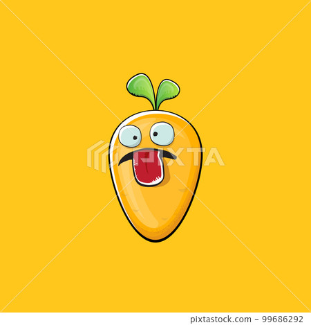Carrot character. Cartoon orange carrot isolated on orange background. Funky vegetable character with eyes and mouth. Vector white teabag clip art, emoji, label and sticker 99686292