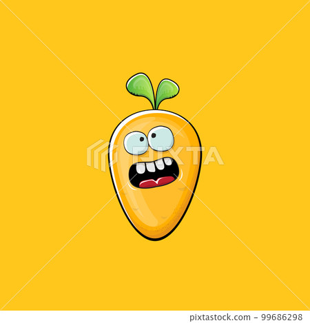 Carrot character. Cartoon orange carrot isolated on orange background. Funky vegetable character with eyes and mouth. Vector white teabag clip art, emoji, label and sticker Carrot character. Cartoon orange carrot isolated on orange background. Funky vegetable character with eyes and mouth. Vector white teabag clip art, emoji, label and sticker 99686298