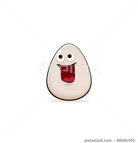 Egg character. Cartoon white egg isolated on white background. Funky food egg character with eyes and mouth. Vector white egg clip art, emoji, label and sticker 99686300