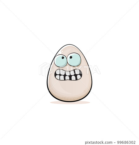 Egg character. Cartoon white egg isolated on white background. Funky food egg character with eyes and mouth. Vector white egg clip art, emoji, label and sticker 99686302