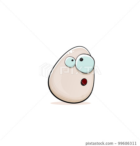 Egg character. Cartoon white egg isolated on white background. Funky food egg character with eyes and mouth. Vector white egg clip art, emoji, label and sticker 99686311