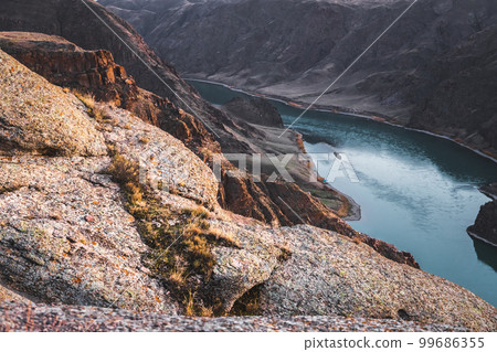 Ili river view in rocky gorge, Almaty region, Central asian nature landscape 99686355