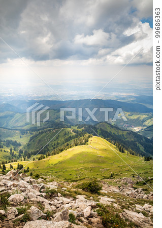 Almaty summer mountains, view from Panorama peak. Copy space, vertical 99686363