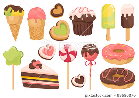 Sweets and dessert set graphic elements in flat design. Bundle of different types of ice creams, cupcake, lollipops, cookie, donuts, cake and other confectionery. Vector illustration isolated objects 99686870