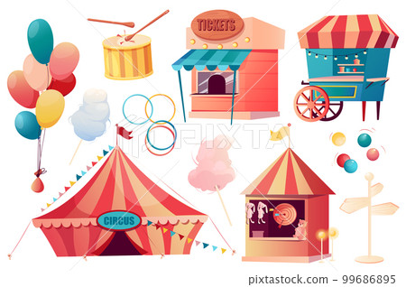 Circus set graphic elements in flat design. Bundle of stalls with tickets, food kiosk, balloons, cotton candy, pointer, shooting gallery, carnival circus marquee. Vector illustration isolated objects 99686895