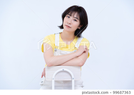 short bob woman wearing salopette short bob woman wearing salopette 99687363