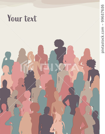 Multicultural women and girls. Portrait front view silhouette. Womens day. Female social community of diverse culture. Equality. Colleagues. Empowerment or inclusion. Banner copy space 99687686