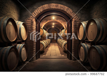 Wine barrels lined up in a traditional wine cellar 99687782