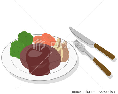 Hamburger and vegetable garnish on a plate Hamburger and vegetable garnish on a plate 99688104