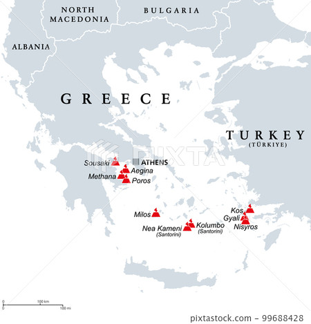 Greece, active and extinct volcanoes in the Aegean Sea region, political map. The latest eruption occured on the Greek island Santorini, Nea Kameni a round, flooded caldera erupted in the year 1950. 99688428