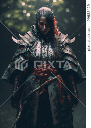 穿著和服盔甲式外套站在雨中的女人 穿著和服盔甲式外套站在雨中的女人 99688429
