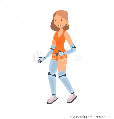 Female amputee with prostheses flat icon. Colored vector element from disabled collection. Creative Female amputee with prostheses icon for web design, templates and infographics. 99688480