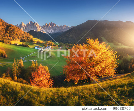 Landscape with autumn trees, village with houses, church, meadows 99688703