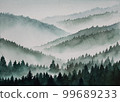Watercolor landscape, green forest, fog mountains 99689233