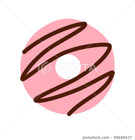 Pink flat donut isolated on white background. Top view. Tasty baked unhealthy dessert closeup object. Doughnut with chocolate frosting. Yummy treat food for cafe, menu, logo design illustration Pink flat donut isolated on white background. Top view. Tasty baked unhealthy dessert closeup object. Doughnut with chocolate frosting. Yummy treat food for cafe, menu, logo design illustration 99689427