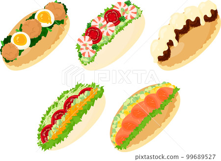 Delicious and cute coppépan sandwich icons using fried chicken, eggs, shrimp, meatballs, etc. 99689527