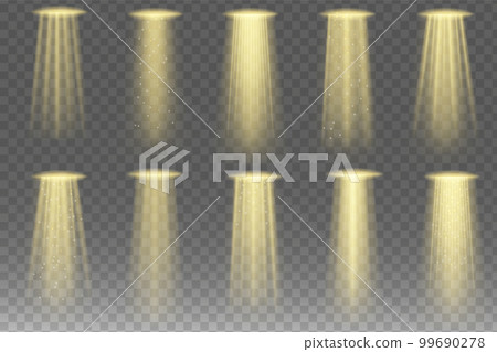 Stadium spotlights. Scene illumination collection, transparent effects. Bright lighting with spotlights. Glowing light effect with white rays and beams. 99690278