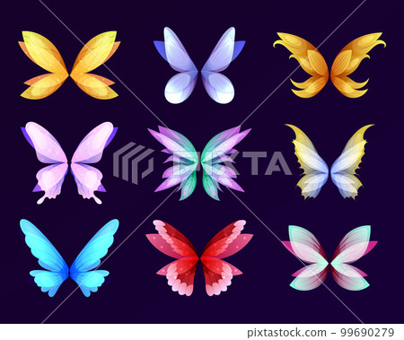 Different wings fairy butterfly bird angel. Dragon, monster, angel, butterfly wings isolated in black. Cartoon vector illustrations for fairy tales, legends, mythological designs. 99690279