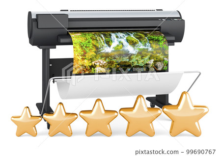 Plotter, large format inkjet printer with five golden stars, 3D rendering Plotter, large format inkjet printer with five golden stars, 3D rendering 99690767