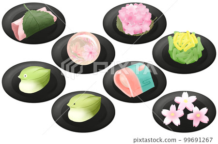 Assortment of 8 types of spring Japanese sweets on a sakuramochi/black plate -transparent background/white background- with variations 99691267