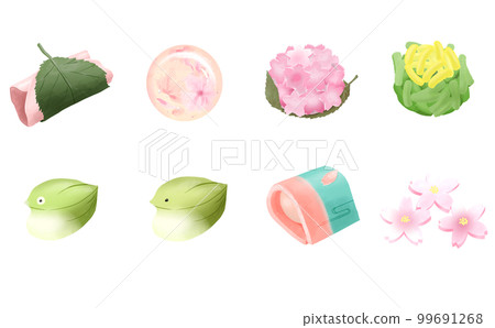 Sakuramochi / Assortment of 8 types of spring Japanese sweets -Transparent background / White background- With differences 99691268