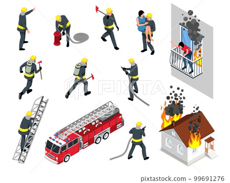 Isometric Firefighter Icon Set Isometric Firefighter Icon Set 99691276