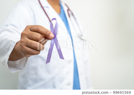 Asian woman doctor with purple ribbon, sign of Alzheimer disease day, Pancreatic cancer, Epilepsy, Lupus. Asian woman doctor with purple ribbon, sign of Alzheimer disease day, Pancreatic cancer, Epilepsy, Lupus. 99691569