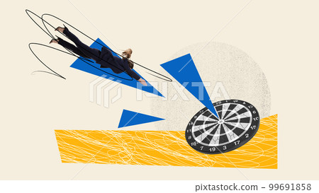Conceptual design. Contemporary art collage. Hitting target. Motivated employee, woman reaching professional aim Conceptual design. Contemporary art collage. Hitting target. Motivated employee, woman reaching professional aim 99691858