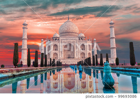 Taj Mahal famous marble mausoleum at sunset, Agra, India Taj Mahal famous marble mausoleum at sunset, Agra, India 99693086