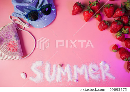 Summer girl accessories and strawberries on pink background, copy space Summer girl accessories and strawberries on pink background, copy space 99693575