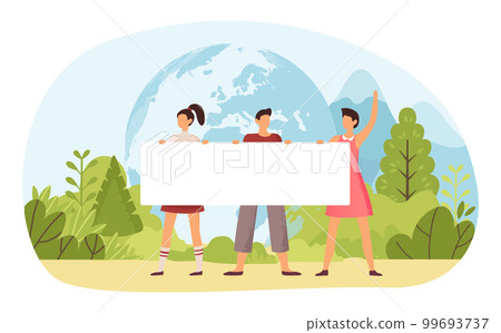 People hold save planet banners in green forest 99693737