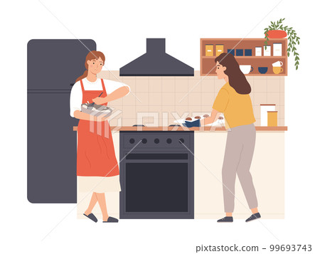 People cooking at home, woman at kitchen 99693743