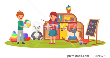 Kids in playing room with toys and musical instrument 99693750