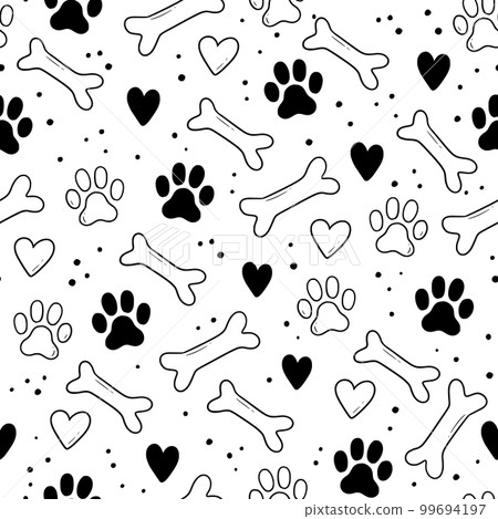 Pet footprint seamless pattern. Pet animal dog, cat footprint background with heart, bone element. Puppy, kitten texture doodle drawn wallpaper. Vector Pet footprint seamless pattern. Pet animal dog, cat footprint background with heart, bone element. Puppy, kitten texture doodle drawn wallpaper. Vector 99694197