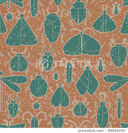 Vintage trendy colors vector seamless pattern with grunge insects silhouette. Moth, butterfly, dragonfly, ant, ladybug, cockroach. Vintage trendy colors vector seamless pattern with grunge insects silhouette. Moth, butterfly, dragonfly, ant, ladybug, cockroach. 99694204